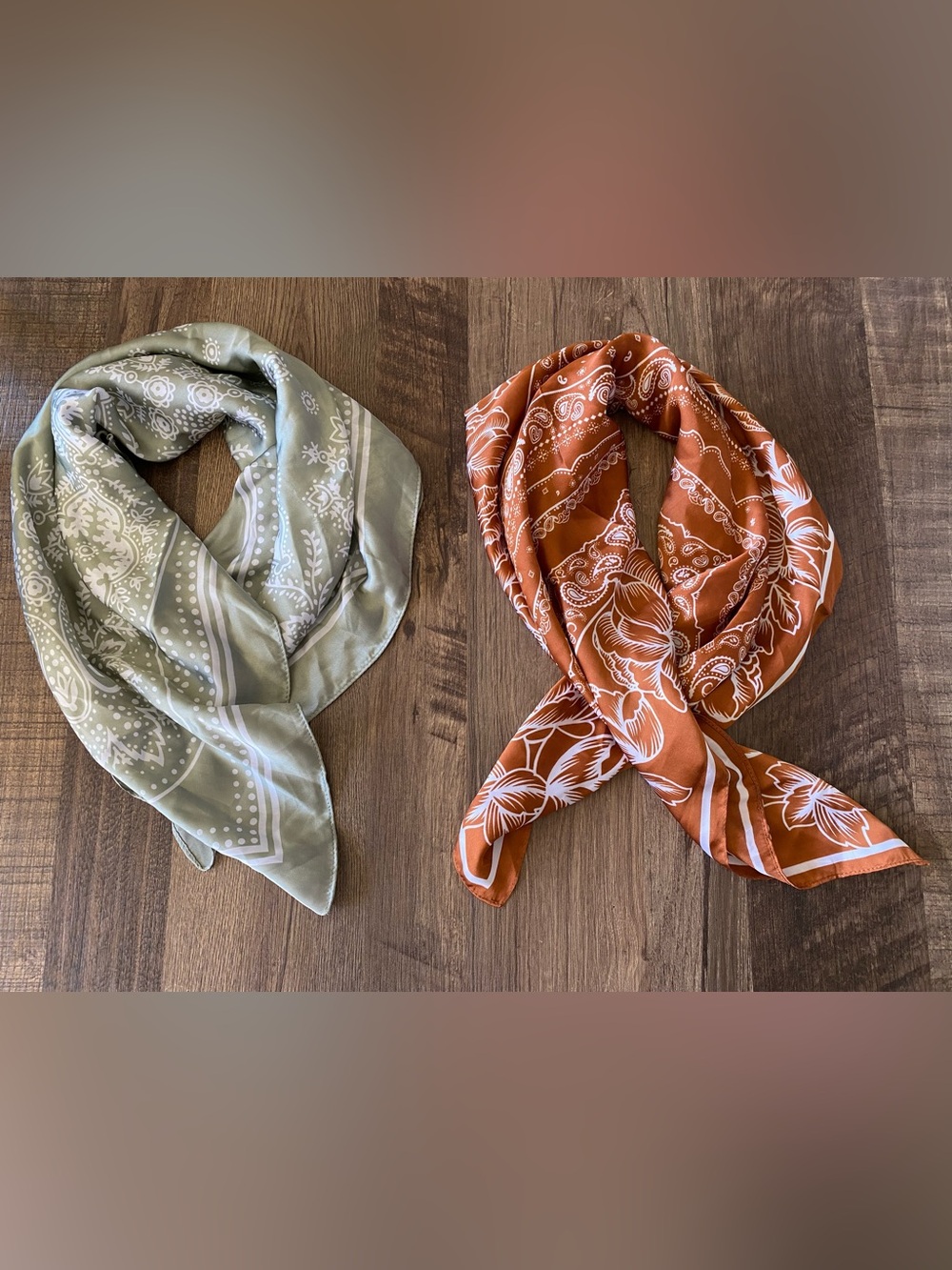 Silky Bandana Scarves - Sage Green & Rust Orange